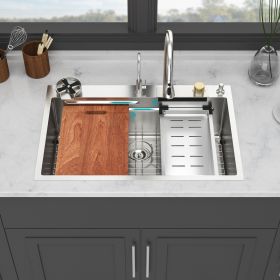 33-inch Topmount Drop-in Workstation Two-Tiered Ledge Single Bowl Stainless Steel Kitchen Sink with Flying Rain Waterfall Kitchen Faucet