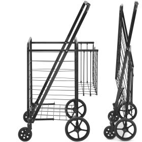 Folding Shopping Cart, Jumbo Grocery Cart with Double Baskets, 360Â° Swivel Wheels, Heavy Duty Utility Cart