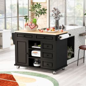 Kitchen cart with Rubber wood desktop rolling mobile kitchen island with storage and 5 draws -53 Inch length (Color: black, Material: MDF)