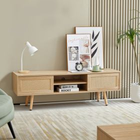 55.12 Rattan TV Cabinet, Double Sliding Doors For Storage,  Adjustable Shelf, Solid Wood Legs, TV Console For Living Room ,natural (Option: NATURAL)